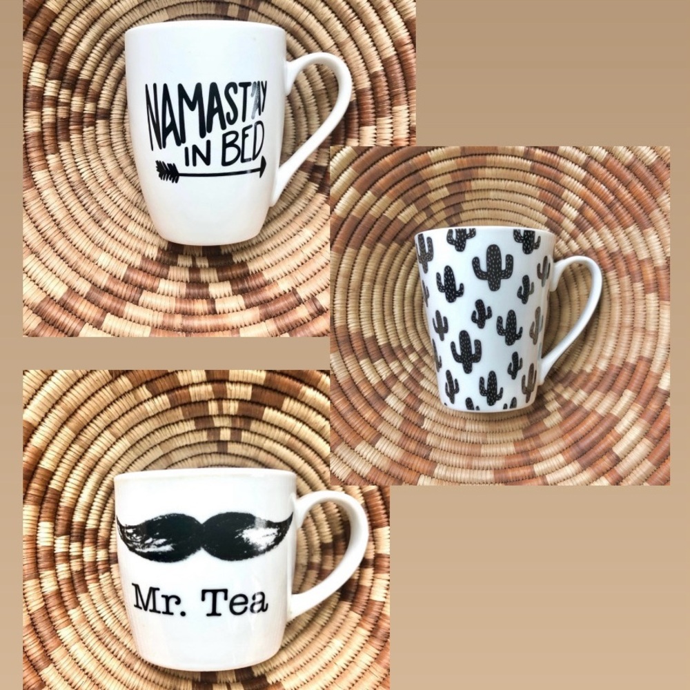 SET OF 3 Mugs Black + White Ceramic Cactus, ‘Namast’ay in Bed’, Mr Tea Cups